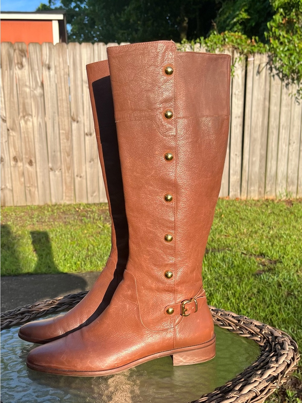 Michael Kors Tall Brown Leather Riding Boots Women Size 9 Gold Hardware - Picture 2 of 8